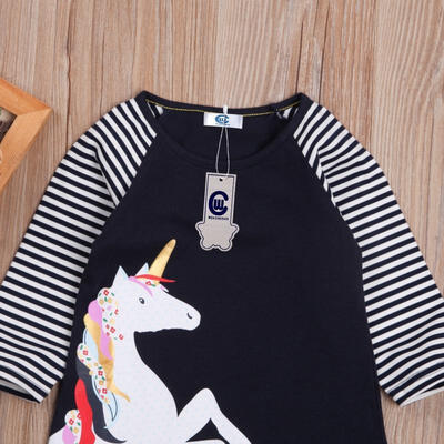 

Christmas Kids Baby Girls Cotton Dress Pony Striped Dress Long Sleeve Party T-shirt Dresses