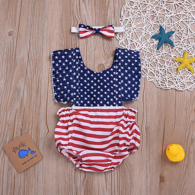 

Infant Baby Girls 4th of July Stars Striped Patriotic Backless Romper Bodysuit