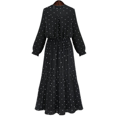 

Women Round Collar Long Sleeve Polka Dot Print Long T-shirt Loose Casual Bohemian Pleated Maxi Dress