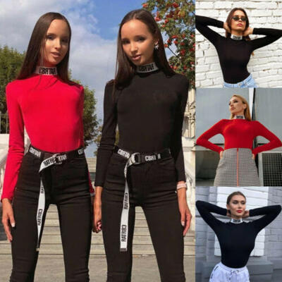 

UK Women Long Sleeve Bodysuit Stretch Ladies High Neck Leotard Body Top Jumpsuit