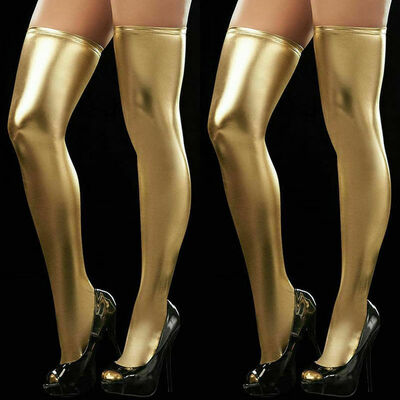 

Womens Wet Look PU Lingerie Leather Thigh High Stockings Stay-Up Leggings