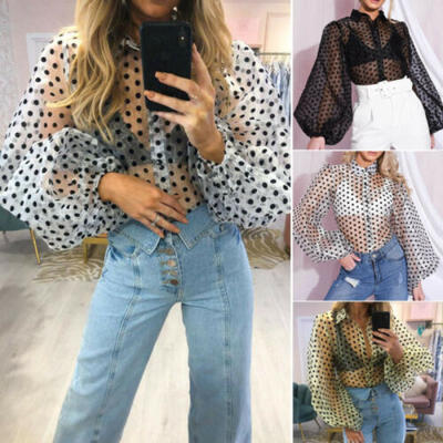 

Fashion Womens Sheer Mesh Polka Dot Print Puff Long Sleeve Button Blouse Tops US