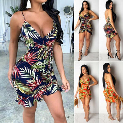 

Frauen tiefem V-Ausschnitt ärmelloses Kleid Floral Bodycon Sommer Minikleid