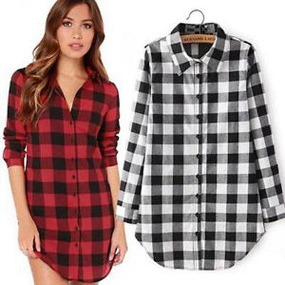 

Lady Long Sleeve Plaid Check Oversized Top T-shirt Blouse Shirt Dress Size 10-18