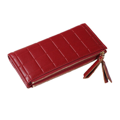 

Women Solid Color Plaid Dual Zipper Long Wallet Purse Faux Leather Card Holder