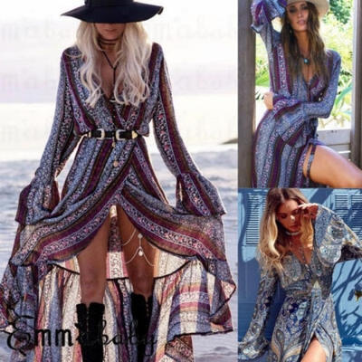 

AU Women Boho Floral Long Sleeve Holiday V-neck Maxi Dress Beach Casual Sundress