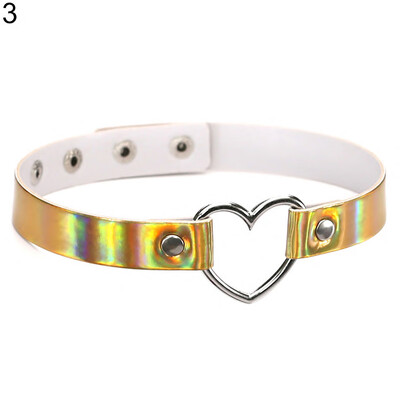 

Womens Chic Holographic Metal Open Heart Faux Leather Necklace Choker Gift