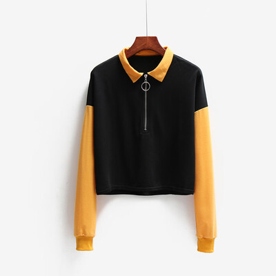 

Tailored Womens Long Sleeve Stitching color Crop Tops Zipper Slim Pullover T Shirt