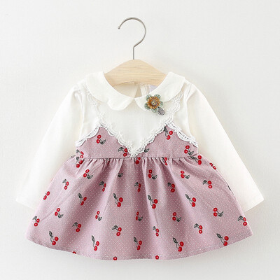 

Autumn Casual Baby Girls Cherry Print Long Sleeve Fake 2 Piece Dress Kids Toddler Pageant Sundress