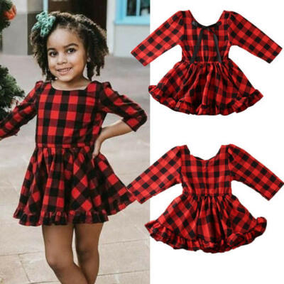 

Toddler Kid Baby Girl Long Sleeve Plaids Party Xmas Formal Romper Dress Sundress