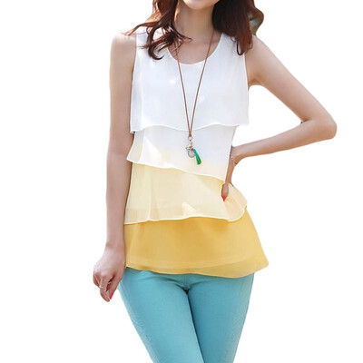 

New Cute Women Girl Chiffon Tank Tops Cascading Ruffles Sleeveless Blouse Shirt Yellow