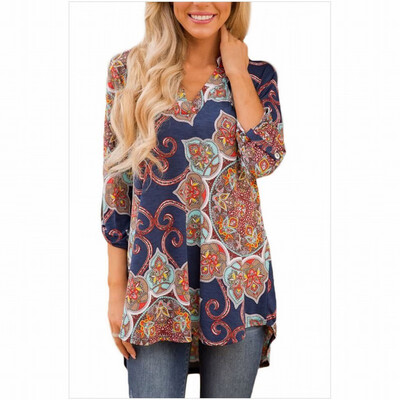 

V-neck long sleeve front short long bohemian printed shirt top