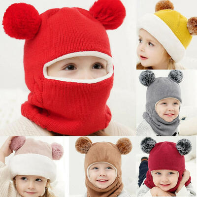 

Toddler Kids Baby Boy Girl Hooded scarf Caps Hat Winter Warm Knit Flap Scarf HOT