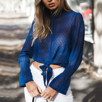 

Womens Solid Color Stand Collar Ruffles Short Blouse Elasticated Long-sleeved Chiffon Lace Up Elegant Women Blouse And Tops