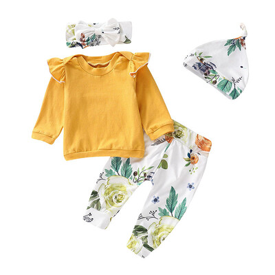 

4Pcs Baby Girl Clothes Set Floral Pattern Outfits Sets Infant Cotton Long Sleeve T-shirt Trousers Headband Hats Fashion