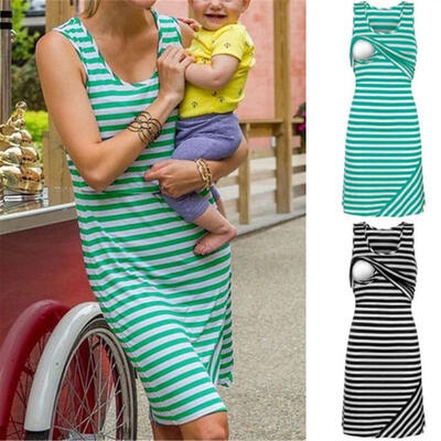 

Fashion Women Dress Striped Lactation Sleeveless Breast-Feed Maternity Mom O-Neck
