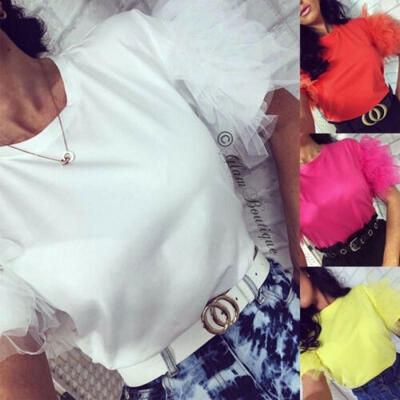 

Women Summer Tulle Ruffle Short Sleeve T Shirt Ladies Loose Casual Blouse Top
