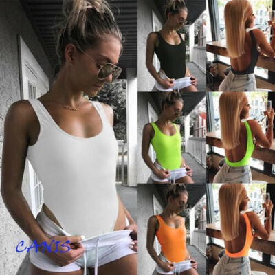 

UK Women Sexy Halter Sleeveless Rompers Bodysuit U Neck Leotard Jumpsuit Tops