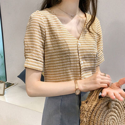 

blusas mujer de moda 2018 Female Blouse Shirt Short Sleeve Plaid Women Shirts V Neck Casual Blusa Feminina Lady Clothing