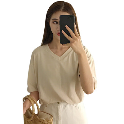 

Womens O-NeckV-Neck Solid Short Sleeve Loose T-Shirt