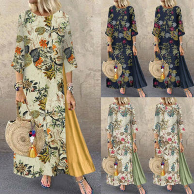 

Women Vintage Casual Half Sleeve Cotton Linen Floral Splicing Summer Maxi Dress