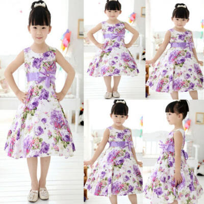 

Chic Girls Kids Princess Wedding Party Purple Flower Bow Gown Full Dresses