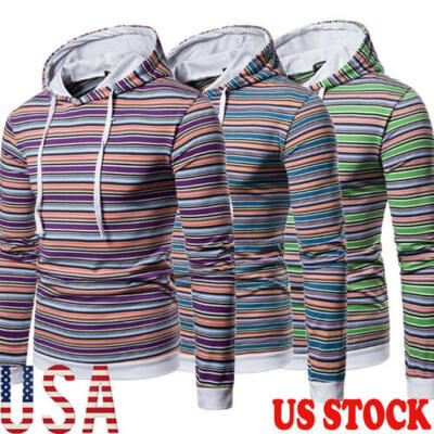 

US Mens Long Sleeve Hoodie Hooded Pullover Sweatshirt Striped Tops Coat Sweater