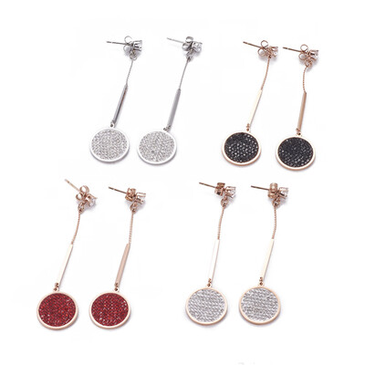

304 Stainless Steel Dangle Stud Earrings with Polymer Clay Rhinestones Flat Round Mixed Color 63mm Pendant 18x16x17mm Pin