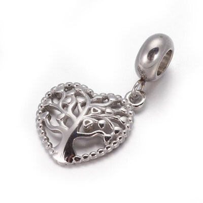 

304 Stainless Steel European Style Dangle Beads Large Hole Pendants Heart with Tree Stainless Steel Color 27mm