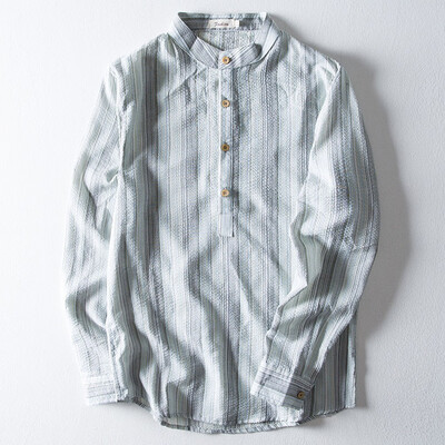 

Toponeto Mens Casual Ethnic Style Cotton Linen Stripe Long Sleeve Shirt Blouse Tops