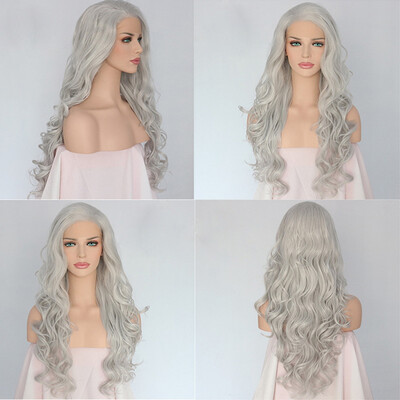 

〖Follure〗Womens Fashion Front lace Wig Gray White Hair Long Wigs Wave curls Wig