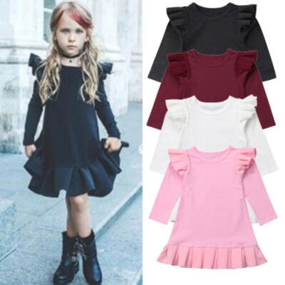 

US Cotton Kids Baby Girls Dress Ruffle Long Sleeve Party Tutu Dress Clothes 1-6Y