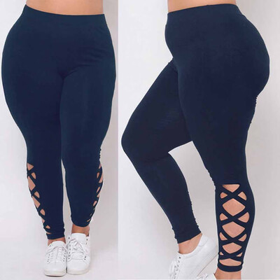 

Tailored Women Plus Size Elastic Leggings Solid Criss-Cross Hollow Out Sport Pants