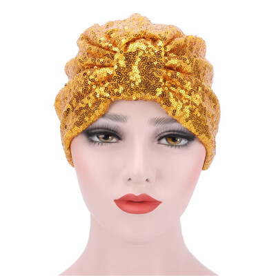 

6 Colors Muslim Women Sequin Shiny Head Scarf Cotton Pleated Turban Hat Cancer Chemo Head Wrap