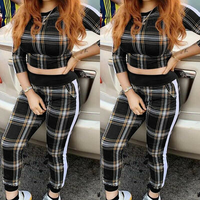 

Womens Plaid Casual 2 piece Set Crop Top Pants Tracksuit Jumpsuit Bodycon Shirt