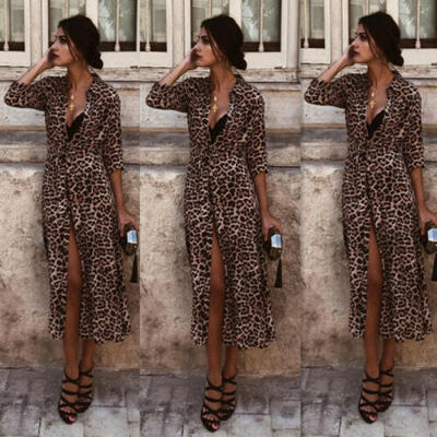 

Womens Long Sleeve Leopard Print Bodycon Club Party Cocktail Casual MiDI Dress