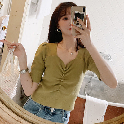 

Womens Buttons Fashion V Neck StripedSolid Short Sleeve Knitted Slim Crop Top T-Shirt