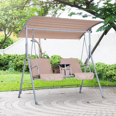 

2 Person Covered Patio Swing w Pivot Table & Storage Console - Beige