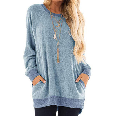 

2019 Autumn Winter Fashion Women O-neck Long sleeves Contrast color Pocket Casual Loose T-shirt