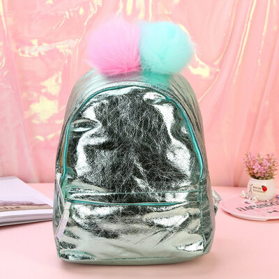 

Fashion Women Girl Holographic Laser Backpack Student Girl Pu Leather Backpack With Big Plush Ball Schoolbag Tote Bag