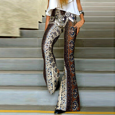 

Women ladies Floral print Hippie boho long pants High Waisted skinny slim Long Flared Bell Bottom long Pants Trousers