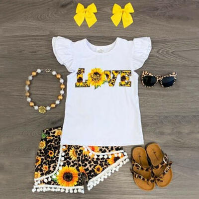 

UK Kids Girl Sunflower Leopard Clothes T-shirt & Pants Shorts Outfit Toddler