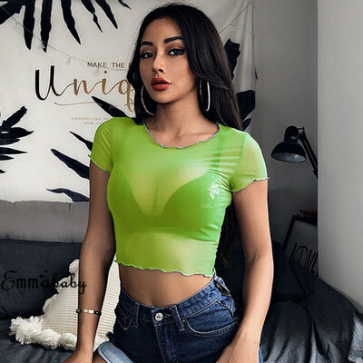 

Hot Women Sheer Mesh Fish Net Short Sleeve See Crop Top T-Shirt Blouse  M L