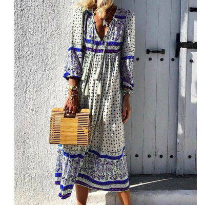 

Boho Womens Maxi Dress Ladies Summer Long Sleeve Long Kaftan Sundress Plus Size