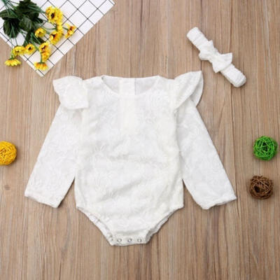 

Lovely Canis Newborn Baby Girls Lace Romper Bodysuit headband 2PCS Clothes Outfit