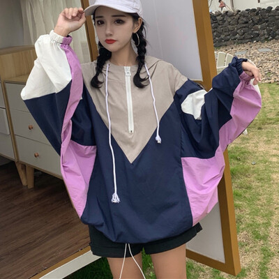 

Women Windbreaker Jacket Hooded Jacket Female Multicolor Patchwork Basic Jackets Color Block Coats For Girl Oversize