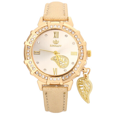 

New Women Quartz Watches Leaves Tower Rhinestone Pendant Leather Wrist Watch 2018 Casual Golden Dial Ladies Watch Montre Femme