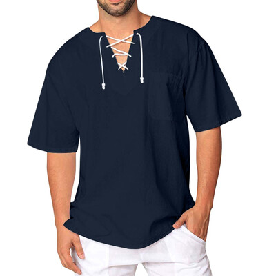 

Toponeto Mens Baggy Drawstring Solid Short Sleeve Vintage T Shirts Tops Blouse
