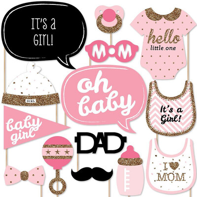 

FUNNYBUNNY Hello Little One Pink&Gold Girl Baby Shower Photo Booth Props Kit Photo Booth Graduation Party Decoration 20PCS