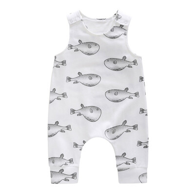 

Boys Kids Children Summer New Sleeveless Print Cartoon Puffer Pattern Cotton Casual Full-Length Rompers